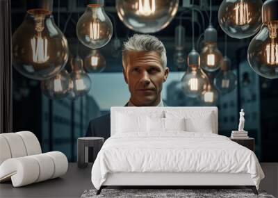 A businessman with lightbulb is shining brightly above his head. He has a bright idea Wall mural