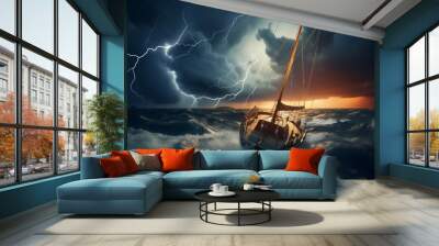 A yacht was struck by lightning during a severe thunderstorm in a stormy sea Wall mural