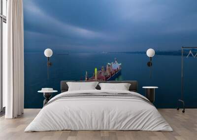 Aerial view cargo bulk carrier ship on the sea at night Wall mural