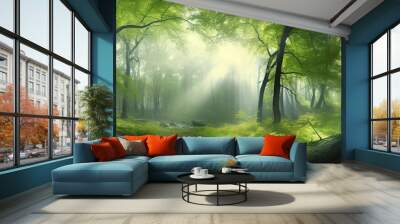 Green simmer forest. beauty of nature as the sun illuminates the vibrant green foliage of the forest. Generative AI Wall mural