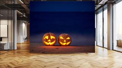 Halloween pumpkins jack p lantern on the sea beach at night in the bright moonlight Wall mural