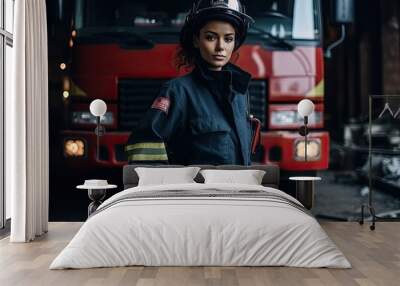 mixed female firefighter stands confidently in her uniform, ready to take on any challenge that comes her way. Generative AI Wall mural