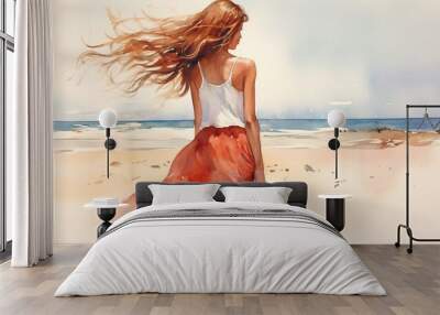 Rear view of a beautiful young woman walking on the beach, watercolor style. Generative AI Wall mural