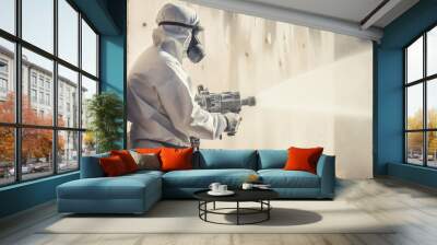 Worker painting wall with spray gun in white color Wall mural