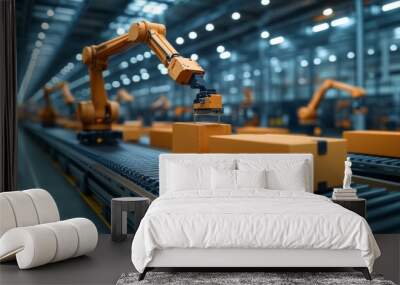 Automated Factory with Robotic Arms Handling Packages Wall mural