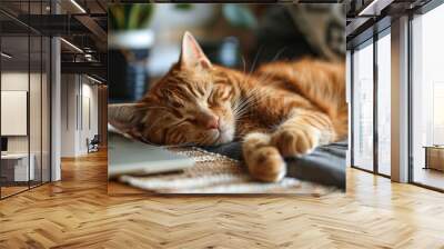 Cat sleeping laptop Wall mural