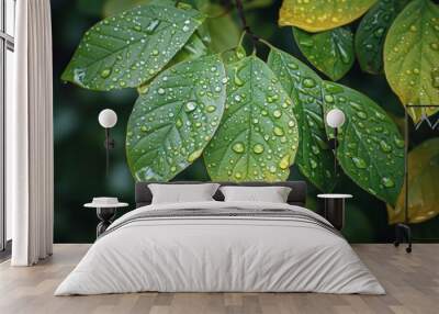 Close-up leaf water droplets Wall mural