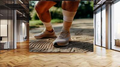 Man's legs in sneakers and socks on rugged pathway Wall mural