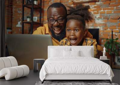 Man and child using laptop in room Wall mural