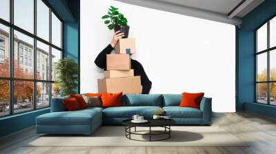 Man with box moving in a new apartament. Moving concept. Wall mural