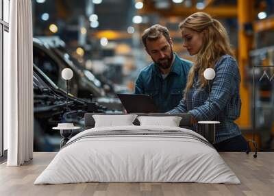 Mechanics collaborating in modern auto repair shop Wall mural