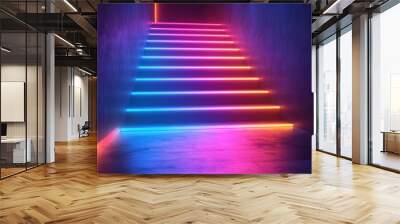 Neon Staircase in Dark Hallway Wall mural