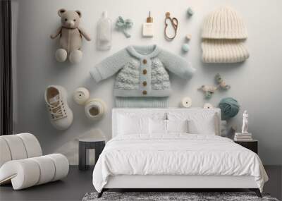 Newborn accessories on white background, ai generated Wall mural