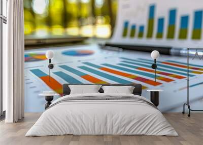 Pen and paper with graphs, analysis data displaying growth trends Wall mural