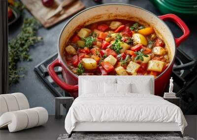 Red Cast Iron Pot of Hearty Vegetable Stew Wall mural