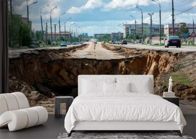 Road with a sinkhole, danger beyond repair Wall mural