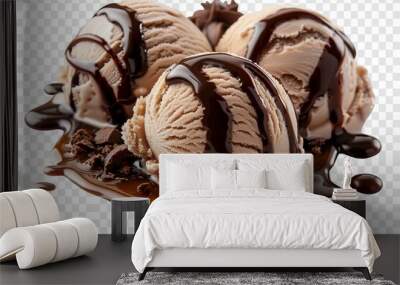 Scoops of Ice Cream Drizzled with Chocolate Syrup on White Wall mural