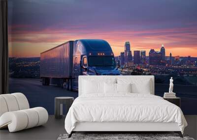 Semi-truck driving through urban city at sunset Wall mural