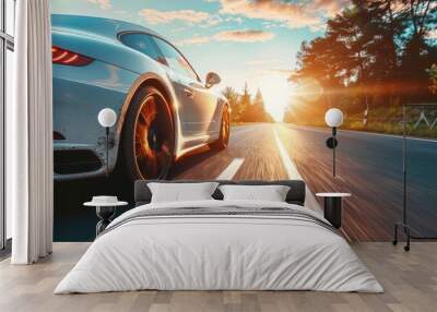 Sports Car on Scenic Road at Sunset Wall mural