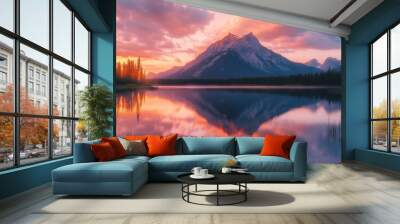 Stunning Mountain Sunset Over Serene Lake Wall mural