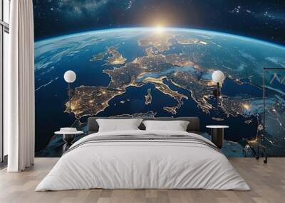 Sun rising over europe seen from space Wall mural