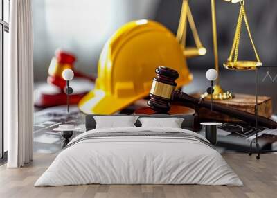 Table with hammer, hard hat, and scale of justice Wall mural