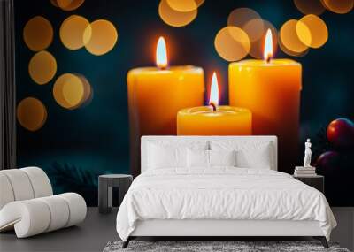 Three Glowing Candles with Festive Background Wall mural