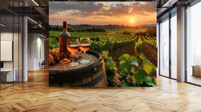 Wine glass, bottle, and barrel Wall mural