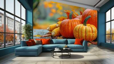 Wooden table with pumpkins and corn Wall mural