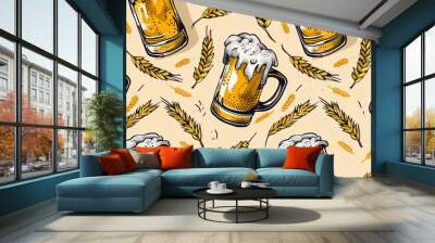 yellow Seamless pattern with beer mugs and wheat ears  Wall mural