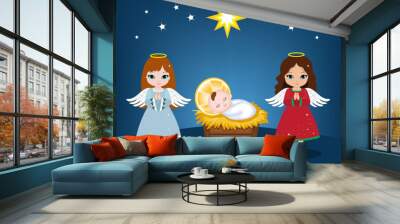 Baby Jesus and christmas angels. Vector illustration. Wall mural