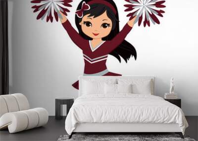 Cheerleader in maroon and silver uniform with Pom Poms. Vector illustration isolated on white background. Wall mural