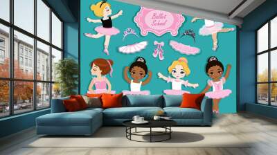 Vector illustration of cute little ballerinas.  Ballet Slippers. Clip art cute characters, pink tutus, ballet shoes. Wall mural