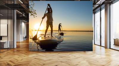 Men, friends sail on a SUP boards in a rays of rising sun Wall mural