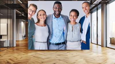 Winner, success and collaboration corporate business people standing in vision, leadership or development marketing company. Management office employees working in team building motivation meeting Wall mural