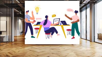 Creative people in office have idea working together with laptops and tablet. Successful team in co working space developing project. Partnership cartoon flat vector illustration. Wall mural