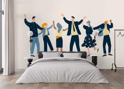 Happy friendship day with a diverse group of friends of people hugging together to celebrate a special event.  Wall mural