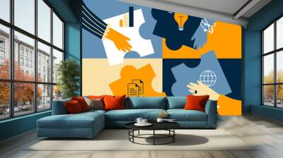 People connecting puzzle elements. Co working and business partnership concept. Illustration flat design style. Symbol of teamwork, cooperation, partnership. Wall mural