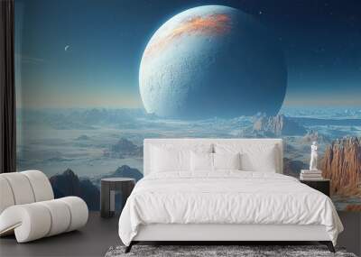 A breathtaking view is created by a stunning extraterrestrial landscape featuring a large planet dominating the sky. Wall mural