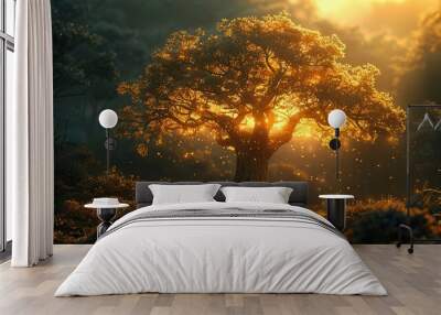 A conceptual image of a radiant tree in a peaceful forest. Wall mural