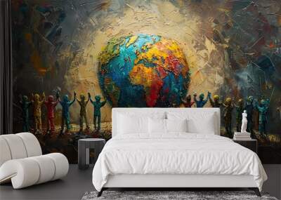 A conceptual painting of a globe with people holding hands around it, symbolizing worldwide democracy. Wall mural