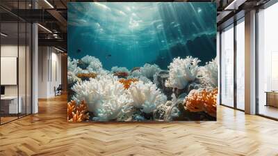 A coral reef bleaching and turning white with lifeless marine creatures conceptual illustration of ocean warming and its devastating effects on coral ecosystems. Wall mural