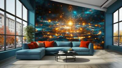 A digital illustration of a celestial map with religious icons. Wall mural