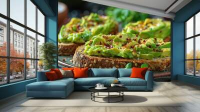 A fresh avocado toast, sprinkled with chili flakes and sea salt. Wall mural