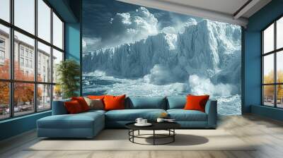 A glacier collapsing into the sea with thunderous waves conceptual illustration of rapid glacial melt and rising sea levels. Wall mural