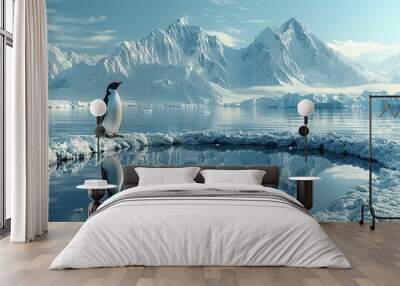 A glacier melting into a puddle of water with a stranded penguin conceptual illustration of the rapid ice melt and its impact on Antarctic ecosystems. Wall mural