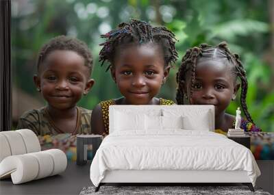 A group of children engage in a traditional African game outdoors against a bokeh background, leaving ample copy space. Wall mural