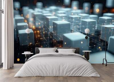 A modern and interconnected design is created by an abstract network of white cubes and lines. Wall mural