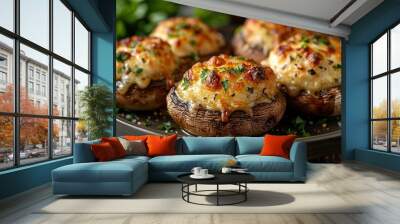 A plate of savory stuffed mushrooms, filled with cheese and herbs. Wall mural