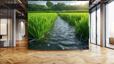 A rice paddy field with vibrant green shoots in standing water. Wall mural